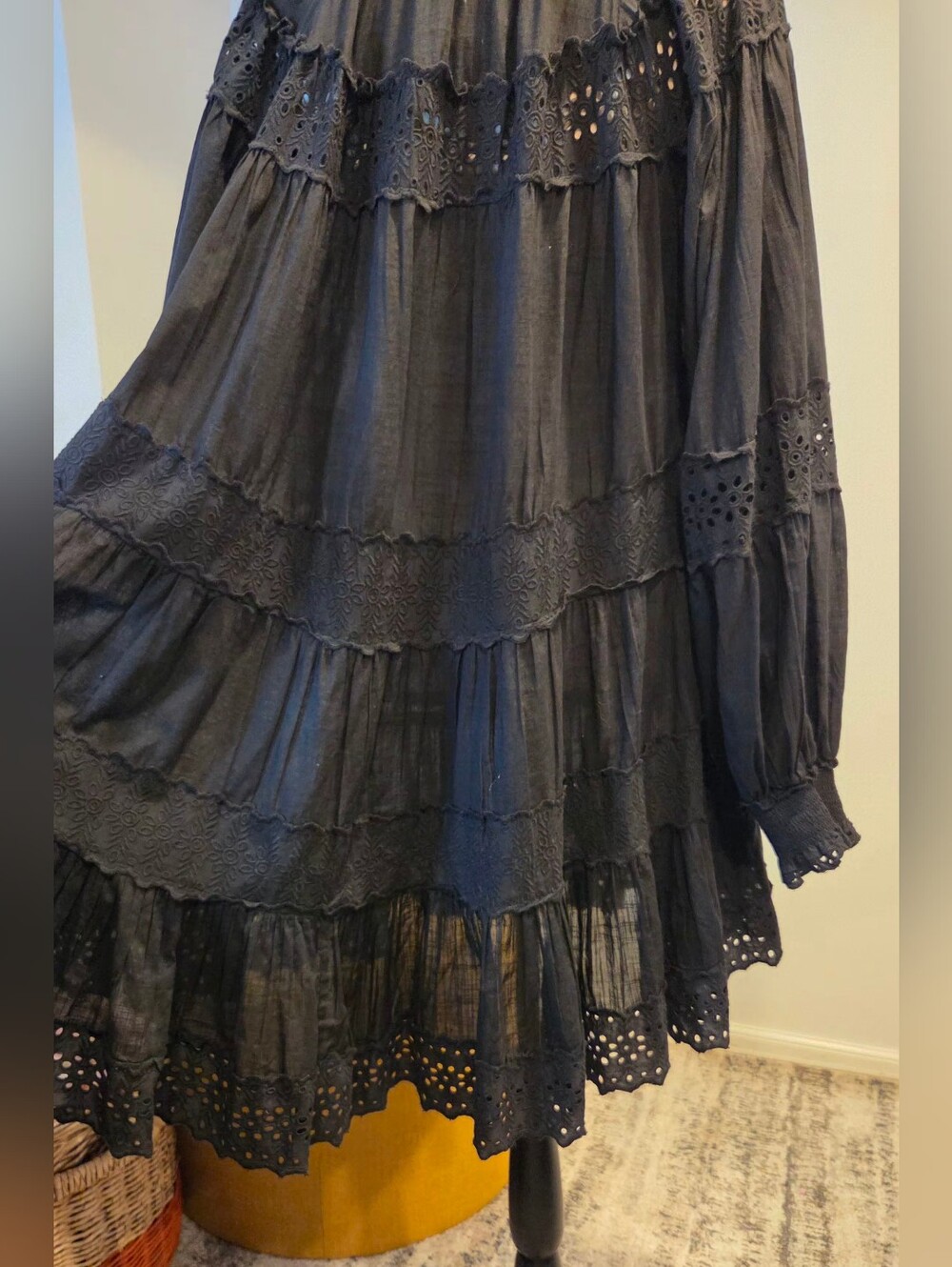 Anthropologie /Maeve Black Eyelet Tiered Mini Dress with Long Sleeves    Size XL - Picture 8 of 15
